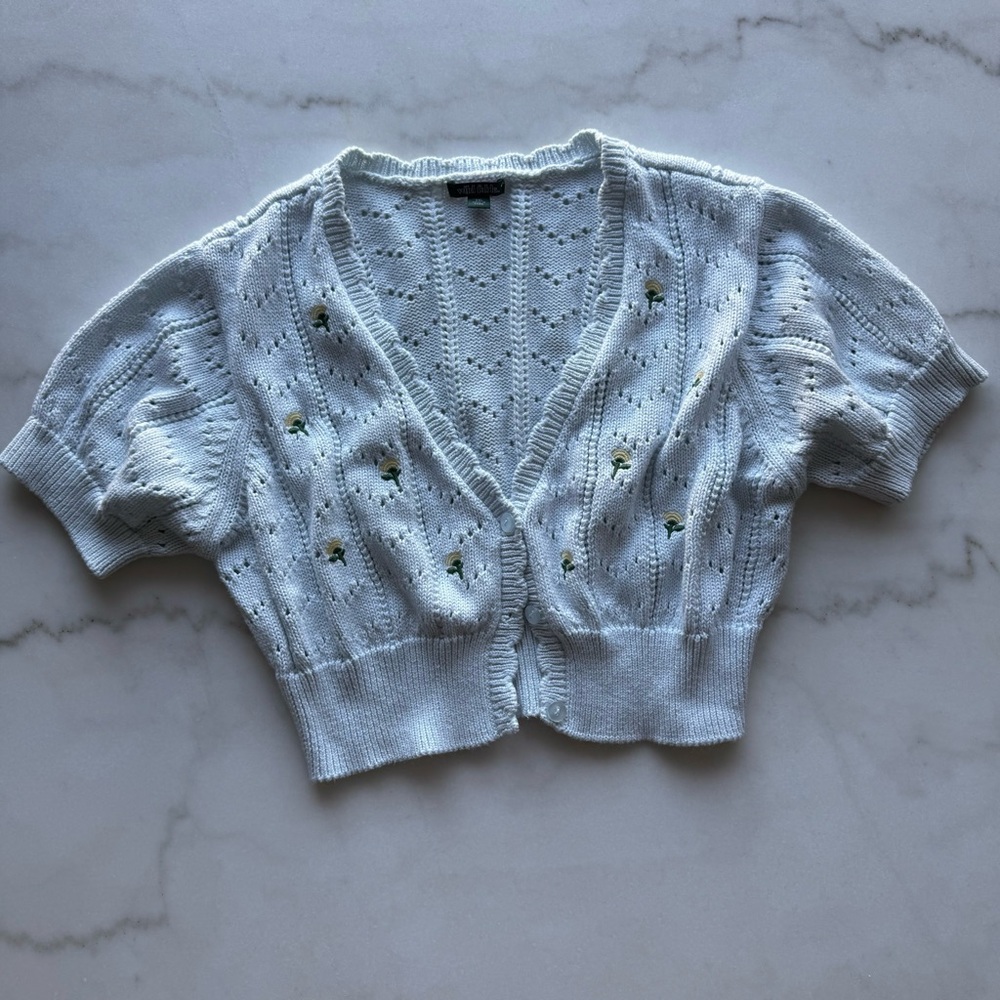 Light Blue Knit Cardigan with Floral Embroidery